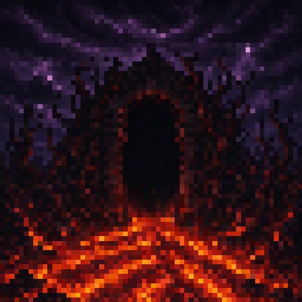 A dark, pixelated image showing a cave-like entrance framed by black silhouettes against a glowing red and orange lava-like background beneath a purple sky.