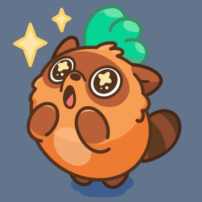The image features an orange cartoon animal with big eyes, open mouth, and arms raised up in surprise or excitement. The animal appears to be a raccoon-like creature with a green headband. The background of the image is blue, which contrasts nicely with the vibrant colors of the animal's fur. In the bottom right corner of the image, there are three stars scattered around, adding an extra touch of whimsy and magic to the scene.