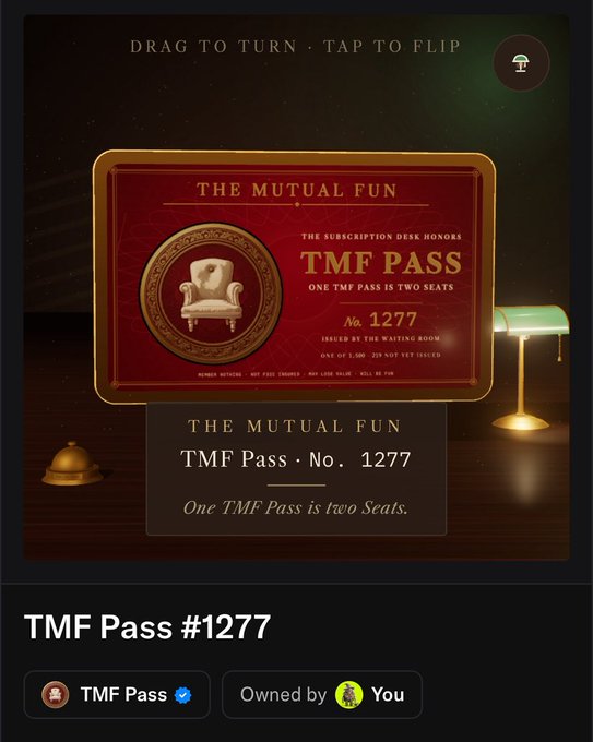 A digital TMF Pass #1277 from "The Mutual Fun" displays an ornate red card with a gold armchair emblem, sitting on a desk beside a green banker's lamp and service bell. The pass holder is shown as "You," tying into the post's invitation to fellow pass holders for the upcoming mint event on October 22, 2026.