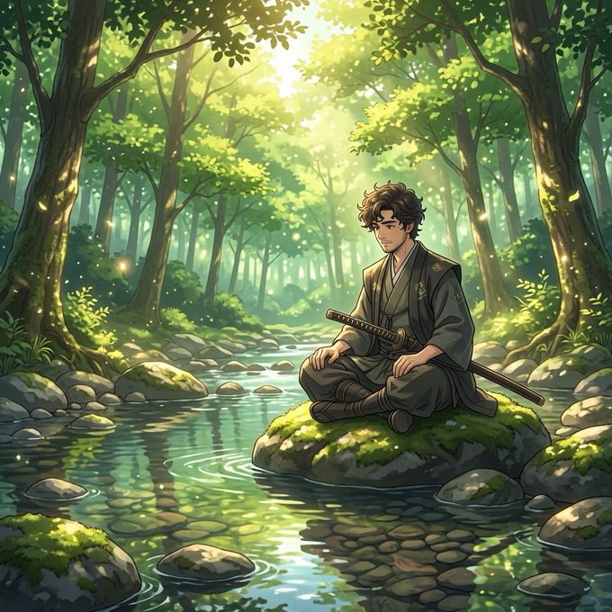 The image features an illustration of a man dressed in traditional Japanese clothing sitting on a rock by a river. The man holds a sword in his hand, suggesting that he might be a warrior or a samuraisman. The scene takes place in a forest setting with trees and rocks surrounding the area where the man is seated.