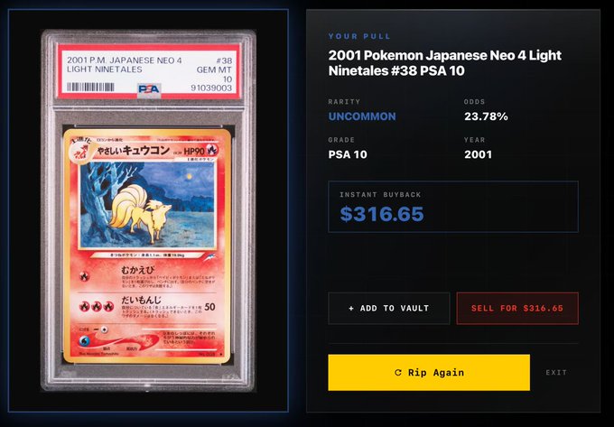 The image shows a screenshot of an online Pokémon trading card purchase page, which features a card with a picture of a Pikachu, priced at $16.65. The website displays that this card has been pulled from a $250 value pack, sold for $65, and has brought in $65 in profit. The post on the site refers to the price as "rip again," indicating that the card was sold successfully and any remaining packs will be available for sale at the same price. This information relates back to the Pokémon trading card discussion taking place over social media, where some users are praising the card's value, while others claim it is being ripped off by players holding Pokemon cards with a different rarity (number of appearances).