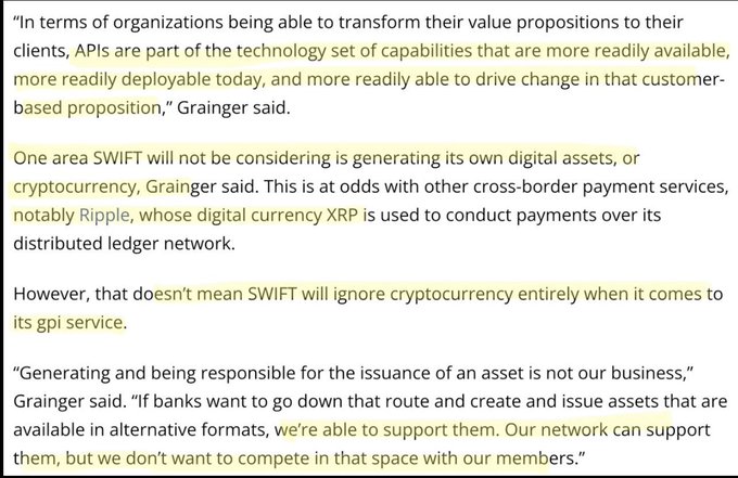 The image contains a quote from a SWIFT representative (Grainger) explaining that while SWIFT won't create its own digital assets or cryptocurrency like Ripple's XRP, they will support banks that want to issue assets in alternative formats through their gpi service.

The caption aligns with the post by highlighting SWIFT's stated stance against creating their own digital assets while contrasting it with Ripple's XRP, which is used for cross-border payments.