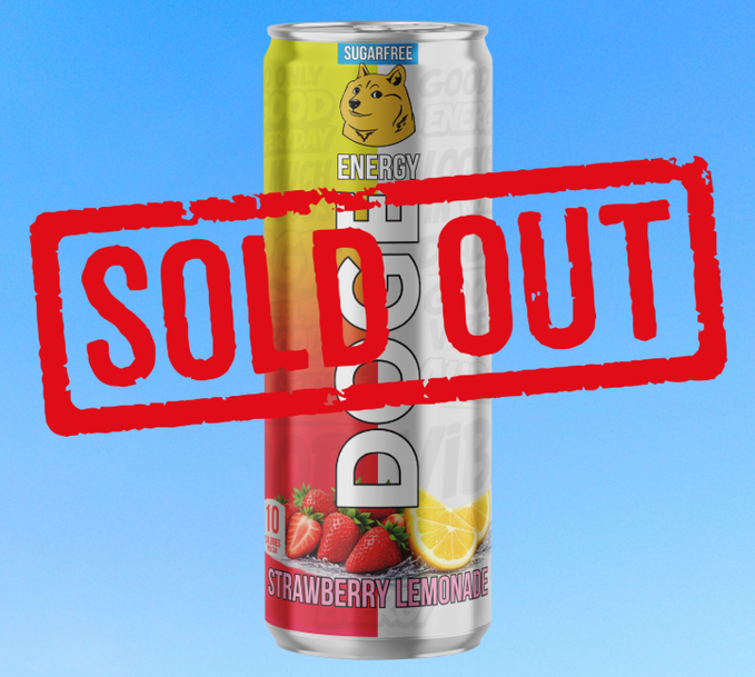 A tall can of Sugarfree Dog Energy Strawberry Lemonade drink is overlaid with a large red "SOLD OUT" stamp against a blue sky background, illustrating the product's sell-out status mentioned in the post.