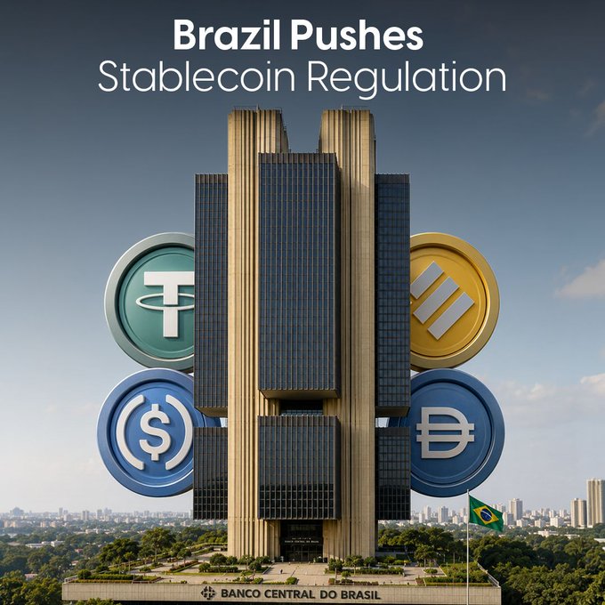 The image shows the Banco Central do Brasil headquarters with overlaid stablecoin logos (USDC, Tether, and others), visually reinforcing the accompanying post about Brazil's central bank pushing to regulate stablecoins as electronic money rather than cryptoassets.