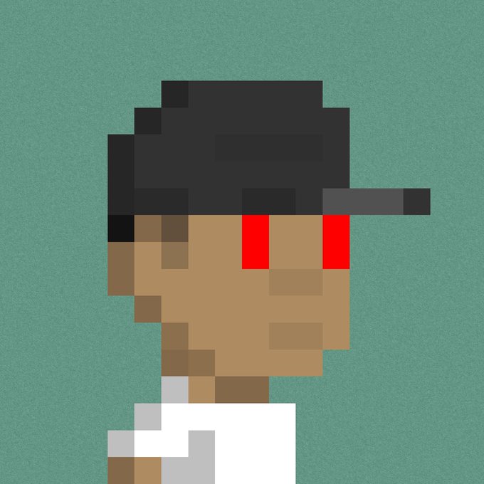 A pixel art portrait of a person wearing a black cap and white shirt with a red highlight on the cheek, set against a teal background.