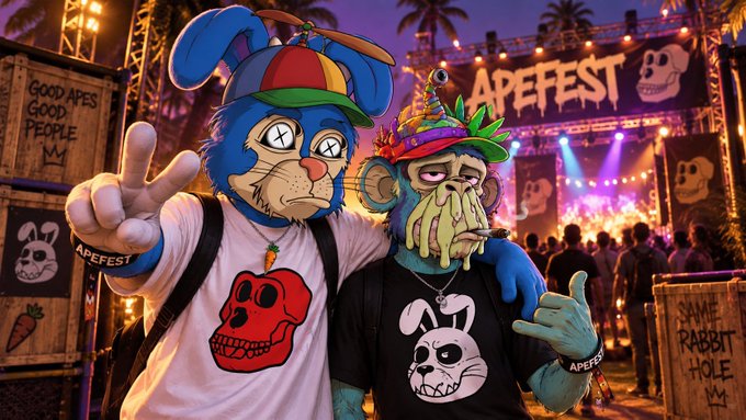 Two costumed characters at APEFEST wearing ape/bunny masks with propeller hats and Bored Ape merchandise, posed in front of the festival entrance.