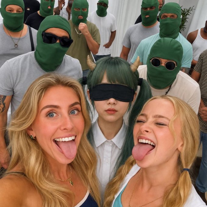 Two blonde women stick their tongues out in the foreground while a green-haired person with horns and a sleep mask stands behind them, surrounded by people in green ski masks.