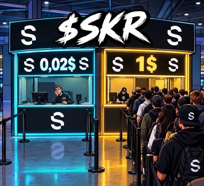 An AI-generated meme depicting a '$SKR' cryptocurrency exchange booth with two price windows ($0.02 and $1$) and a long line of people wearing '$' branded merchandise.