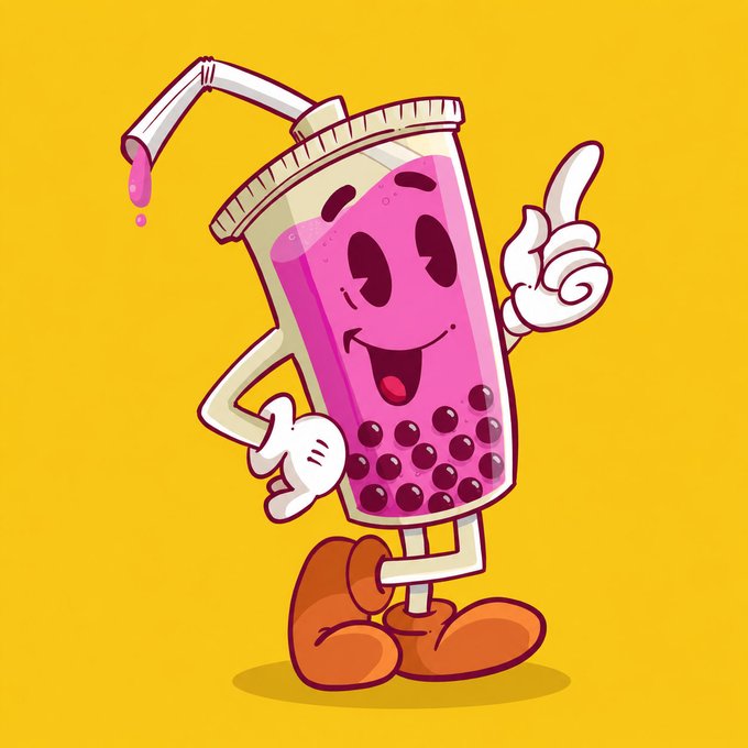 A cartoon mascot character depicts an anthropomorphic pink bubble tea cup with a smiling face, white gloved hands giving a thumbs up, and black tapioca pearls at the bottom, set against a bright yellow background.