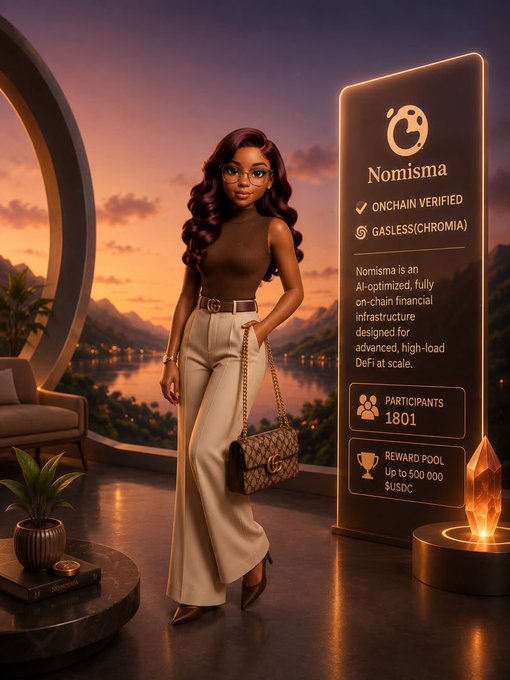 A promotional graphic for 'Nomisma' showing a stylish woman with glasses holding a designer bag, alongside a panel displaying 'ONCHAIN VERIFIED', 'GASLESS(CHROMIA)', 1801 participants, and a reward pool of up to 500,000 $USDC.