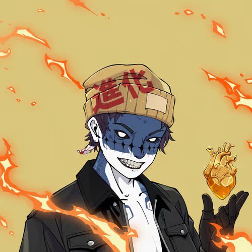 Pixel art illustration of a blue-skinned character wearing a beanie with red lettering, smiling while holding an anatomical heart surrounded by orange flames.