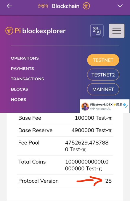 A screenshot of the Pi blockexplorer showing Testnet network data with a Protocol Version of 28 highlighted in red, indicating the appearance of V28 on Testnet as referenced in the accompanying post about Pi Network's protocol upgrade.