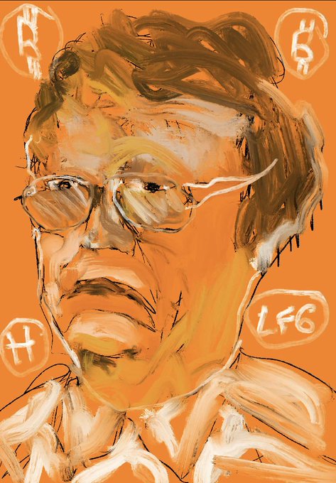 The image features a portrait of an older man with glasses, rendered in an impressionistic style using bold colors like orange and white. The man appears to be wearing a shirt that has the letters "LF6" written on it. The background is a solid color, which contrasts with the vibrant depiction of the subject. The post also includes text that reads: "Satoshi Nakamoto by @hafftka ordinals.com/inscription/91".
