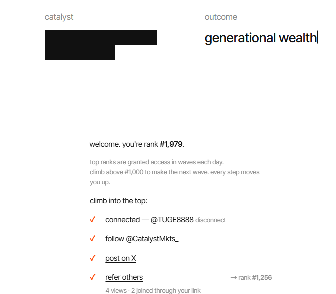 A webpage for 'catalyst' with outcome 'generational wealth', showing user rank #1,979 and a checklist of completed tasks including Twitter connection, following, posting, and referrals.