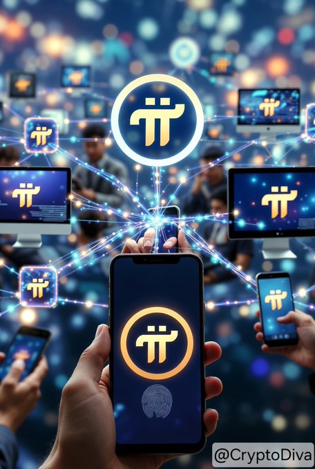 A digital artwork shows the Pi cryptocurrency logo displayed across multiple connected devices and floating icons, with the handle "@CryptoDiva" in the corner.