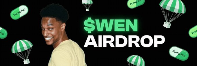The image is a promotional banner featuring a smiling young man in a yellow shirt alongside the text "$WEN AIRDROP" in bold green and white letters, with "Pump.fun" branding and green parachute graphics on a black background—visually advertising an airdrop event for the $WEN token on the Pump.fun platform.