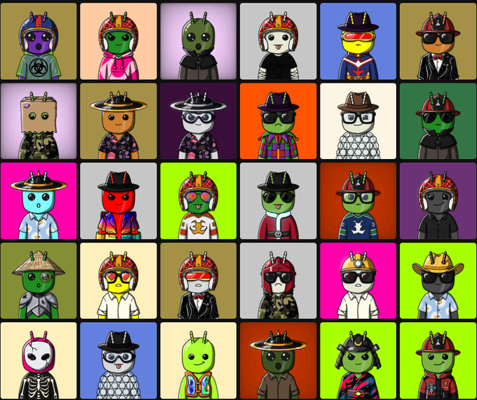 A grid of 30 colorful, stylized cartoon alien and character NFTs wearing various hats and outfits against vibrant backgrounds, illustrating the art collection being discussed in the post about its reemergence and growing attention.