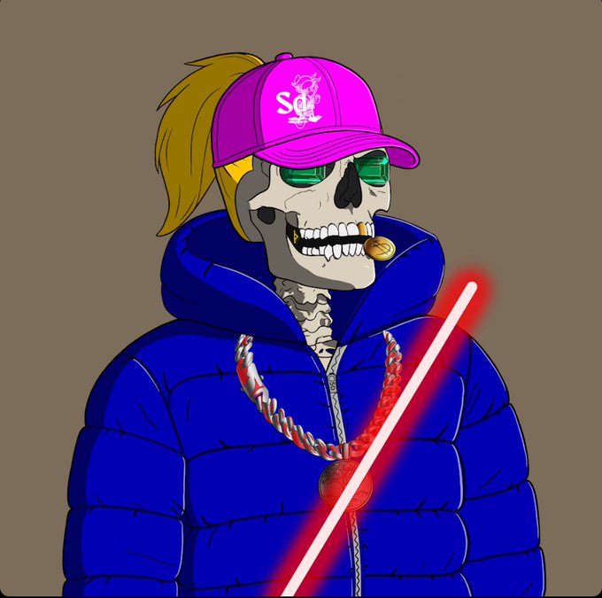 A cartoon illustration of a skeleton wearing a blue puffer jacket, pink cap with 'Sd' logo, gold chain, smoking a cigar, and wielding a red lightsaber.