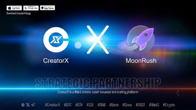 A promotional graphic announcing a 'STRATEGIC PARTNERSHIP' between CreatorX and MoonRush, featuring their logos, app store download buttons, and hashtags including #CreatorX, #BTC, #ETH, #SOL, #BNB, #Base, #Giwa, #USDT, #Web3, and #Crypto.