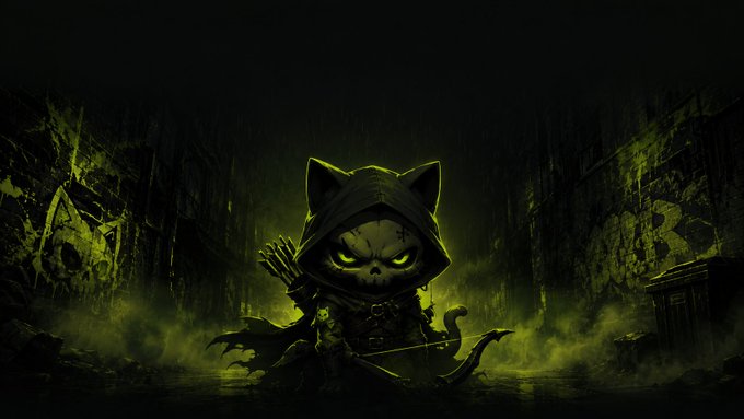 A hooded cat archer with glowing green eyes and a drawn bow stands in a misty, graffiti-covered alleyway, perfectly capturing the rebellious, stealthy "Robin Hood" theme of the SHERWOOD NFT mint launching on Robinhood Chain tomorrow with a 4,444 supply and phased allowlist then public sale.