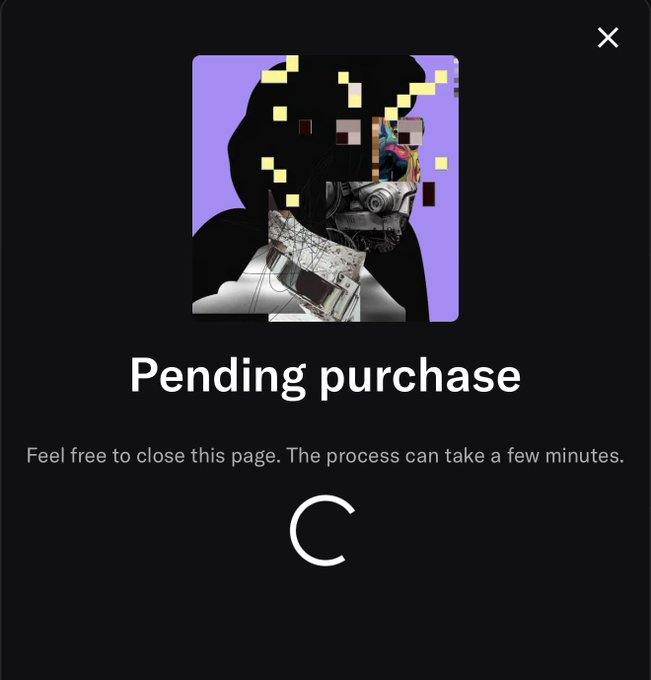 A dark screen showing a 'Pending purchase' message with a loading circle and the instruction 'Feel free to close this page. The process can take a few minutes.' above a digital portrait artwork.