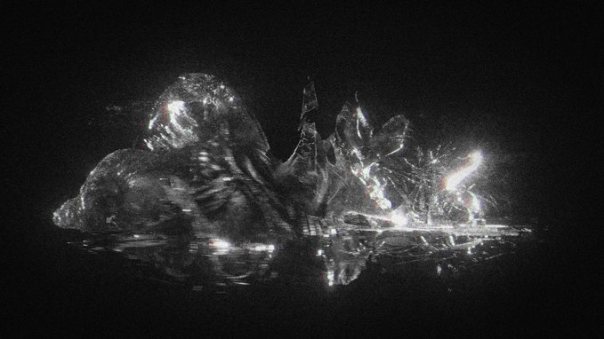 An abstract, glitch-style monochrome composition showing a distorted, semi-transparent humanoid figure with multiple limbs emerging from reflective water against a black background.