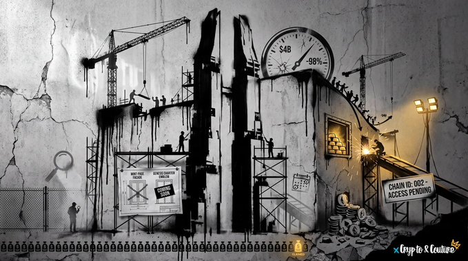 A black, white, and yellow illustrated scene depicting construction workers on scaffolding within a ruined wall, featuring signs reading "WAY HIGH PRICED", "ATTENTION CONTRACTOR WEEKLY UPDATE", and "CHAIN ID: 002 - ACCESS PENDING", with a gauge showing 54B and -98%, branded "Crypto Be & Culture".