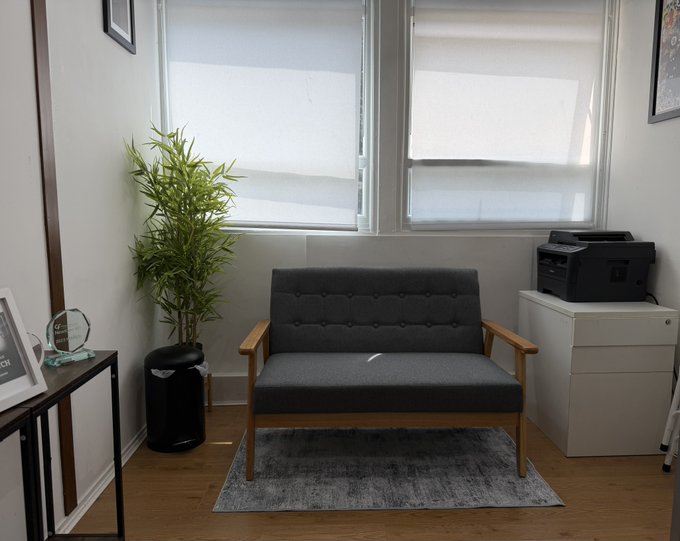 A modern gray two-seater loveseat with wooden armrests sits on a gray rug in a bright, minimalist office, flanked by a potted bamboo plant, a printer, and a filing cabinet. The caption humorously clarifies that this stylish new furniture in the doctor's private office is for client consultations, not the playful "casting couch" implication suggested by the post.