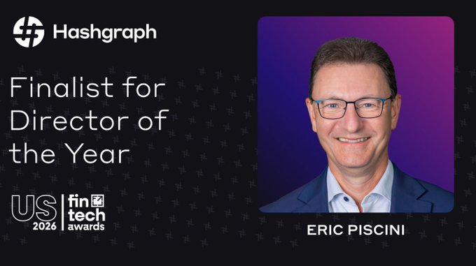 A Hashgraph announcement naming Eric Piscini as a finalist for 'Director of the Year' at the 2026 US FinTech Awards.