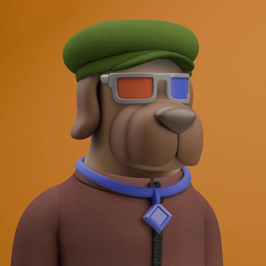 The image features a cartoon dog wearing glasses, a hat, and a blue collar with a diamond-shaped tag. The dog appears to be posing for a photo or drawing, possibly as part of a collection by @OxSimpleFarmer. The post is tagged with the hashtag # PixelPup from the Pixel Pup series on the ETH blockchain.