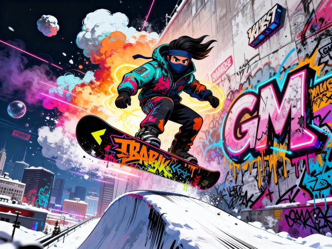 A vibrant illustration of a snowboarder in a colorful jacket performing a trick on a graffiti-covered ramp, with a cityscape and explosive colors in the background.