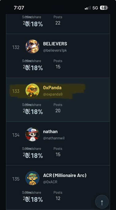 A mobile screenshot showing a leaderboard list including users BELIEVERS (@believerslpk), 0xPanda (@0xpanda8), nathan (@nathanmwil), and ACR (Millionaire Arc) (@0xACR).