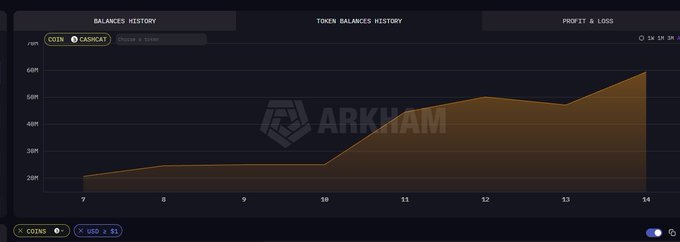 The image shows a cryptocurrency wallet balances history chart from Arkham displaying USD Coin (USDC) and CATSCAT balances for wallet "0x4b..." from March 7-14, 2025, showing an upward trend from approximately $25M to $60M in value. The chart visualizes the post's claim that the wallet acquired an additional $600k since the previous update, as evidenced by the steady accumulation pattern culminating in the final balance.