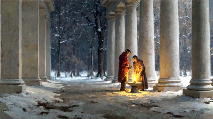 The image is a painting titled "Panorama" by Yigit Duman, depicting two cloaked figures sharing a warm moment by a glowing fire within a snow-covered ancient colonnade. This evocative artwork is highlighted in the post as part of a celebrated on-chain art collection.