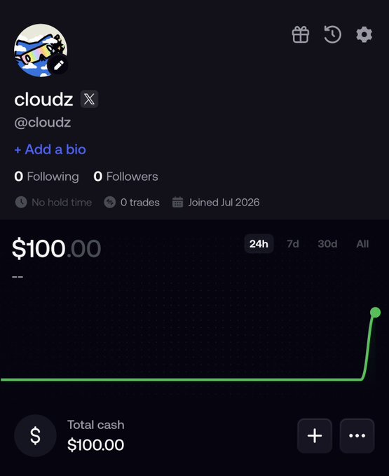 A screenshot of a trading profile under the username "cloudz" (@cloudz) showing a starting balance of $100.00 on a 24h chart with no prior trades, joined in July 2026, illustrating the beginning of their "trenches" journey toward a $10k goal.