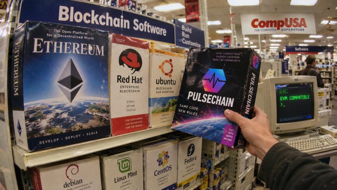 A retail software aisle at a CompUSA store displays boxes of blockchain platforms including Ethereum, Red Hat Enterprise Blockchain, Ubuntu, Pulsechain, Debian, Linux Mint, CentOS, and Fedora, with a hand reaching for the Pulsechain box.