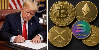 The image shows President Trump signing a document on the left, alongside physical representations of major cryptocurrencies on the right, including Bitcoin, Ethereum, XRP, Solana, and Cardano. The composition visually reinforces the post's bullish message that Trump's commitment to signing the Crypto CLARITY Act would be "MASSIVE" for the digital asset industry.