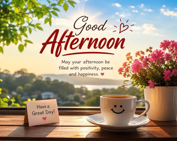 A 'Good Afternoon' greeting card with a smiling coffee cup, flowers on a windowsill, and the message 'May your afternoon be filled with positivity, peace and happiness.'