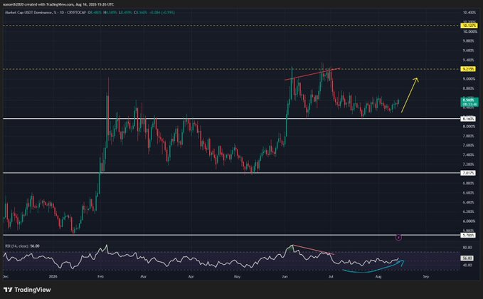 The image displays a TradingView chart of USDT.D (Tether Dominance) on the daily timeframe, showing a recent rejection from the 9.21% resistance level with a bullish annotation arrow suggesting an upcoming rally, complemented by an RSI indicator showing a reset at the bottom. This aligns with the post's claim that USDT dominance is bullish after rejecting at 9.21%, retesting previous resistance as support, and the RSI resetting—both signals suggesting the broader crypto market may face bearish pressure ahead.