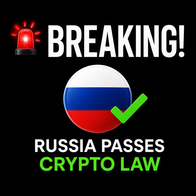 A breaking news graphic featuring a Russian flag with a green checkmark and text 'BREAKING! RUSSIA PASSES CRYPTO LAW'.
