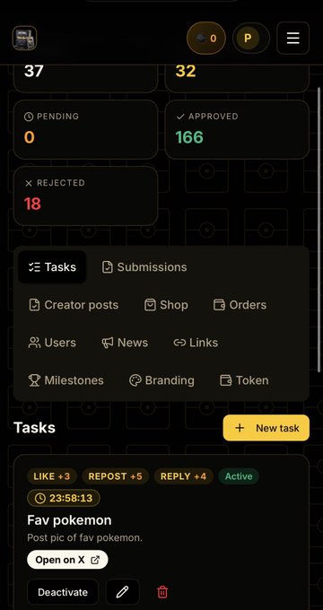 A dark-themed mobile app dashboard shows task statistics including 'PENDING 0', 'APPROVED 166', and 'REJECTED 18', with an active task titled 'Fav pokemon' requiring users to post a picture of their favorite Pokemon.