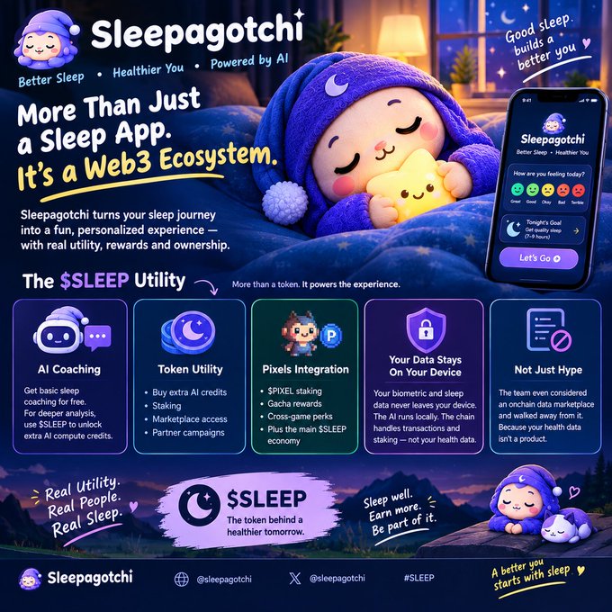 A promotional graphic for the 'Sleepagotchi' app, featuring a cute character in a nightcap holding a star, with text highlighting it as a 'Web3 Ecosystem' powered by AI, featuring the '$SLEEP' utility for token utility, AI coaching, and pixels integration.