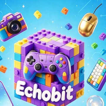 A colorful promotional image for 'Echobit' featuring a purple cube surrounded by toys including a camera, game controller, computer mouse, and keyboard.