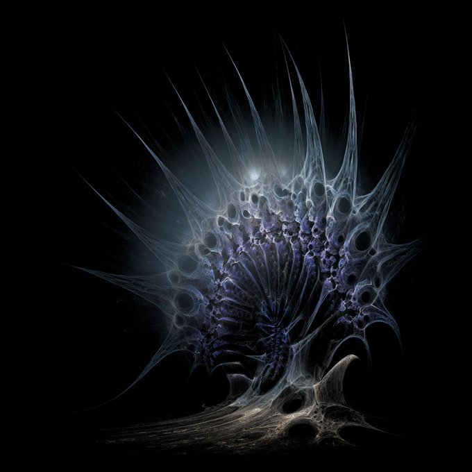 A dark, abstract digital artwork featuring a symmetrical, spiky biological-like structure with holes and tendrils against a black background, with a small bright light near the top center.