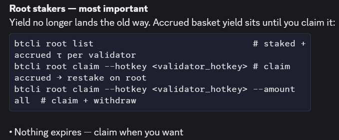 The image shows instructions for manually claiming accrued root yield on Bittensor, displaying commands like "btcli root list," "btcli root claim --hotkey <validator_hotkey>," and "btcli root claim --hotkey <validator_hotkey> --amount all," with a note that "Nothing expires — claim when you want." This relates to the post by highlighting the importance of manually claiming $TAO yield, complementing the "Move All" button feature for staking on WildSage Labs (RT21).