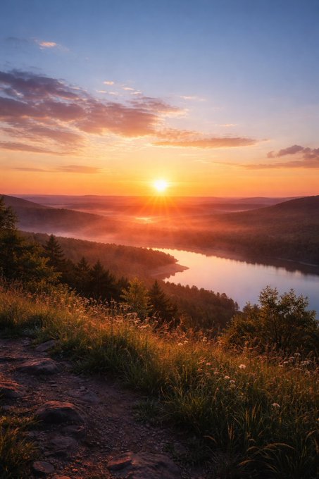 The image shows a beautiful sunset over a river, with a path leading down towards the water. The sun is setting behind the mountains, casting a warm glow across the scene. In the background, there are trees that add depth and texture to the landscape. The photo captures the essence of nature's beauty and tranquility, creating an atmosphere of peace and serenity.