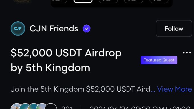 A Galxe Quest page from "CJN Friends" advertises a "$52,000 USDT Airdrop by 5th Kingdom," marked as a Featured Quest, matching the accompanying post's promotion of the 5th Kingdom USDT airdrop with a link to the Galxe platform.