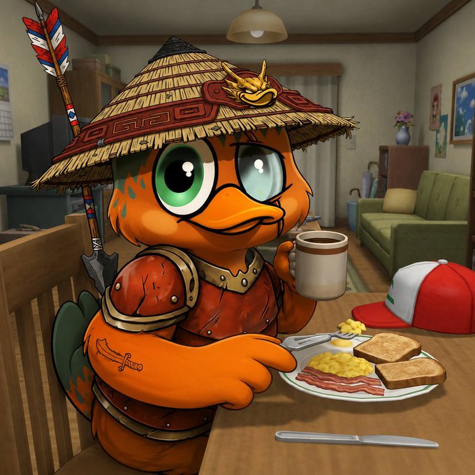 A digital illustration of an orange dragon-like character wearing a straw hat and armor, holding a cup of coffee while sitting at a table with a plate of bacon, eggs, and toast.