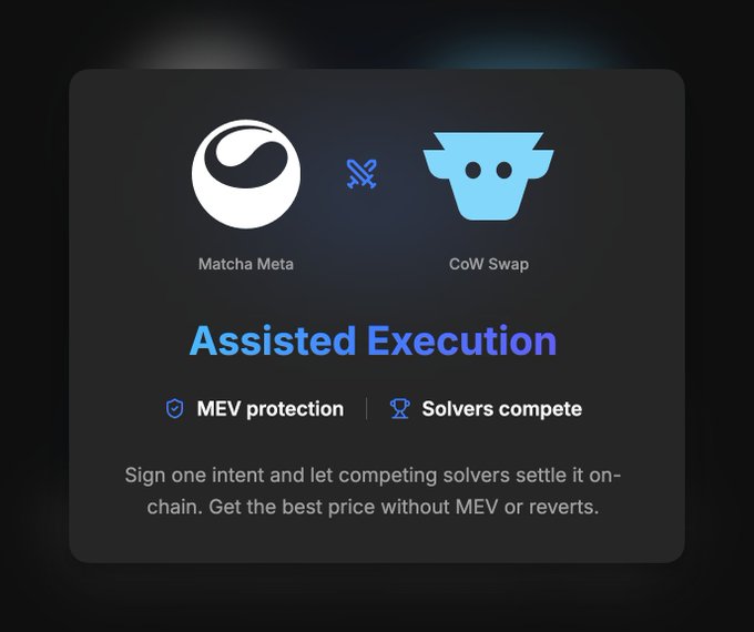 A promotional graphic showing logos for Matcha Meta and CoW Swap with the headline 'Assisted Execution' highlighting features like MEV protection and competing solvers.