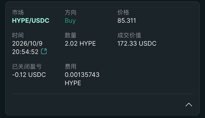 A trading interface showing a buy order for 2.02 HYPE at a price of 85.311 in the HYPE/USDC market on 2026/10/9, with a closed P&L of -0.12 USDC.